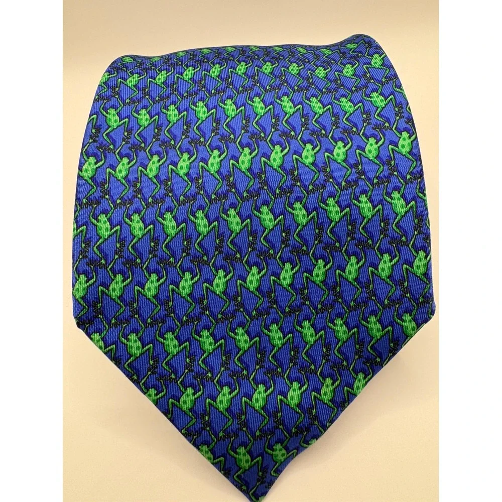 Eximious of London Mens Silk Tie Blue Green Frog Animal Print Made in Italy